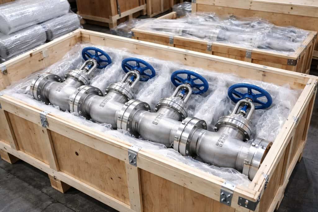 API globe valve wooden crate packing export industrial valve manufacturer secure packaging for shipment