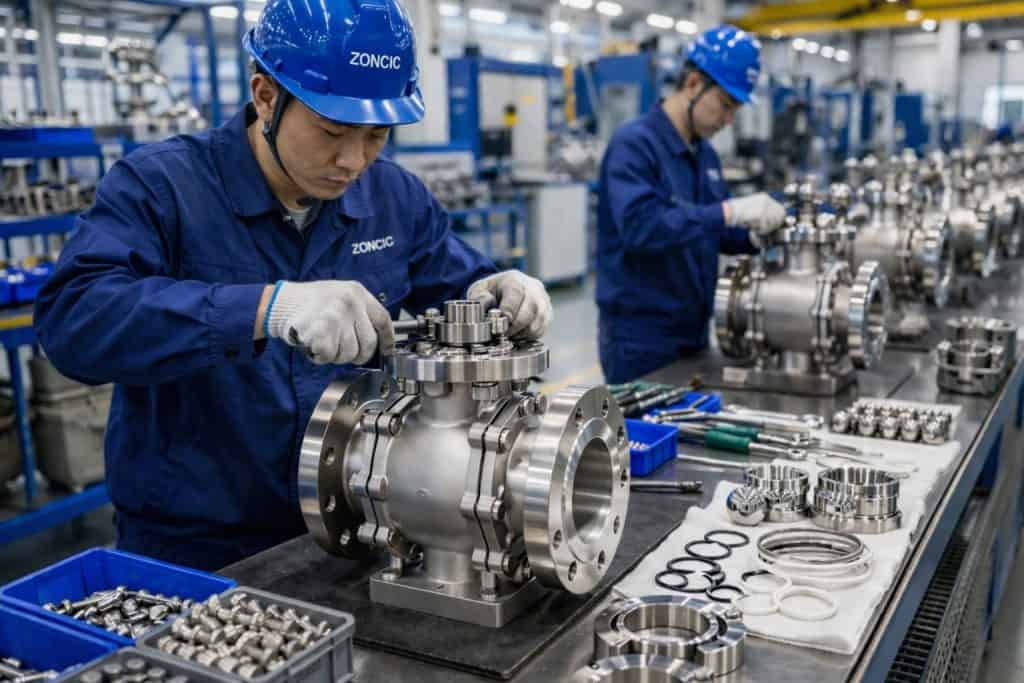 industrial ball valve assembly workshop with CNC machining and precision manufacturing process