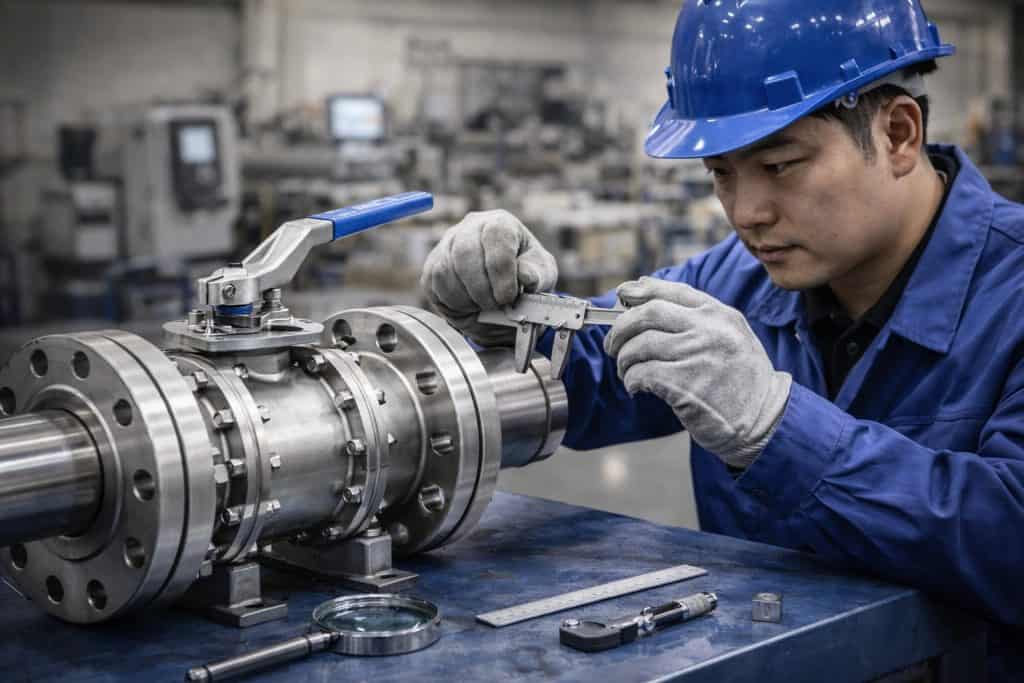 ball valve dimensional inspection using caliper in industrial valve manufacturing workshop quality control process