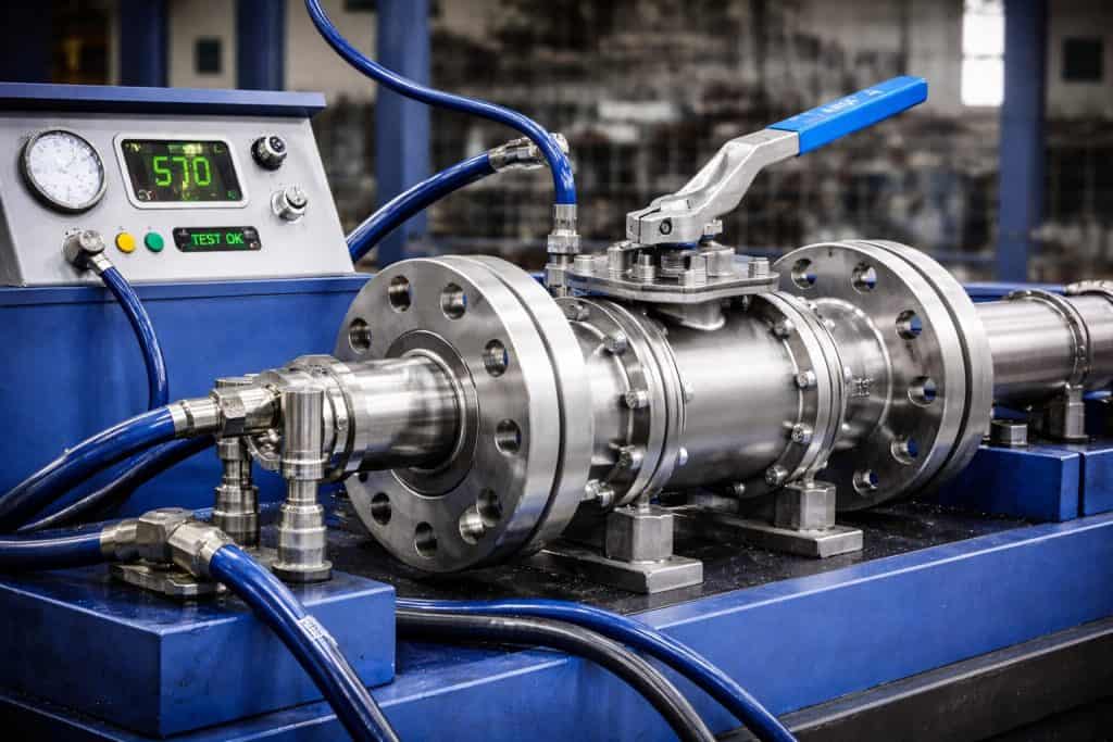 floating ball valve hydrostatic pressure testing in industrial valve workshop with test bench and control system