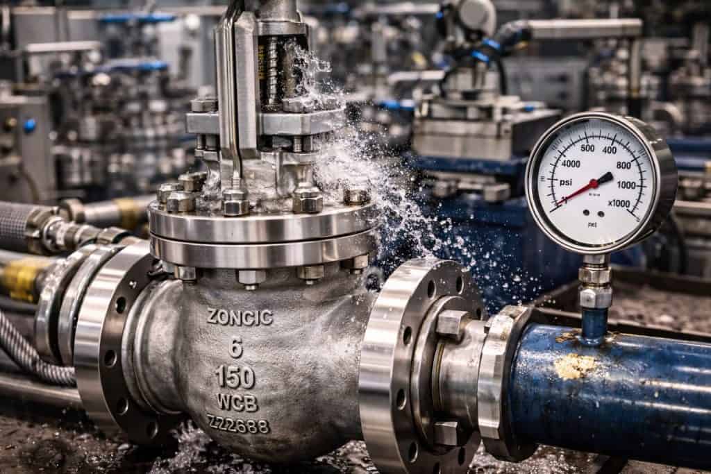 industrial gate valve hydrostatic pressure testing with water leakage inspection