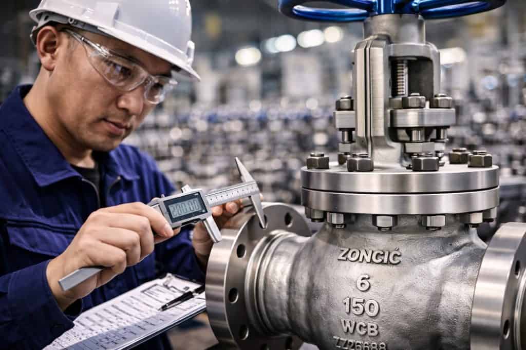 quality inspection of industrial gate valve using caliper for dimension measurement