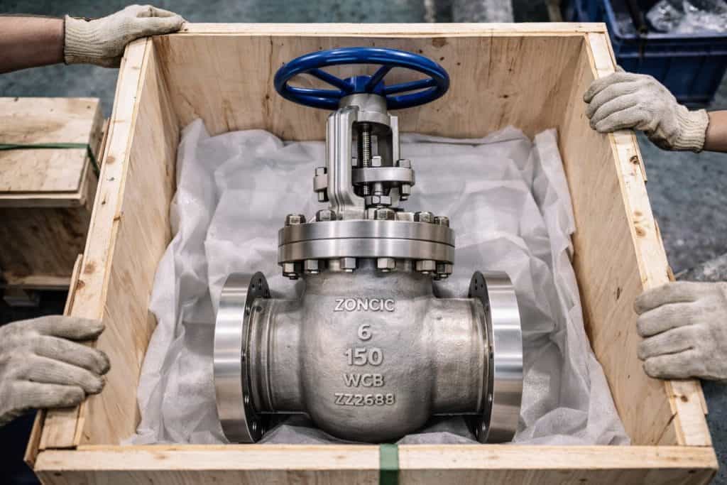 industrial gate valve packed in wooden crate with protective material for export