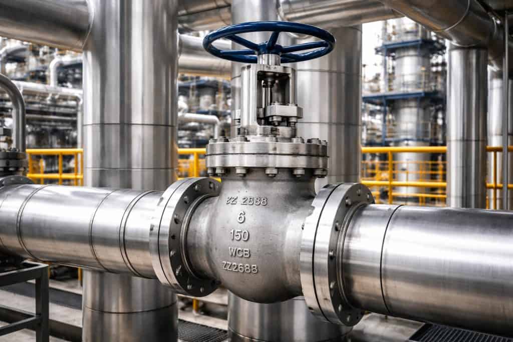 industrial gate valve installed in pipeline system in petrochemical plant