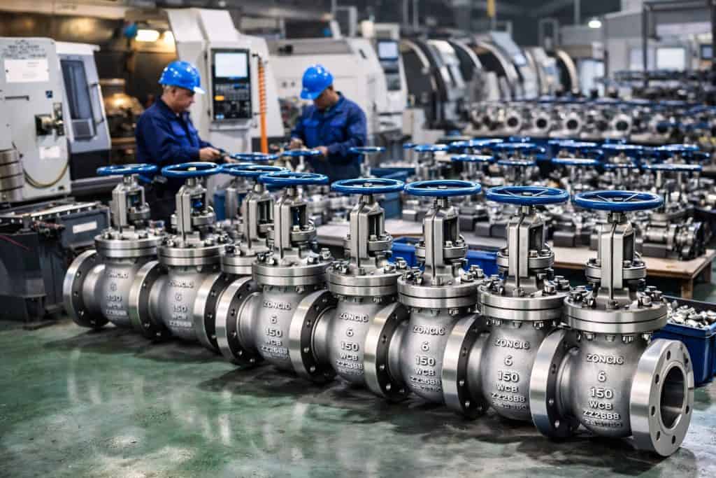 industrial gate valve manufacturing workshop with cnc machining and assembly line in factory