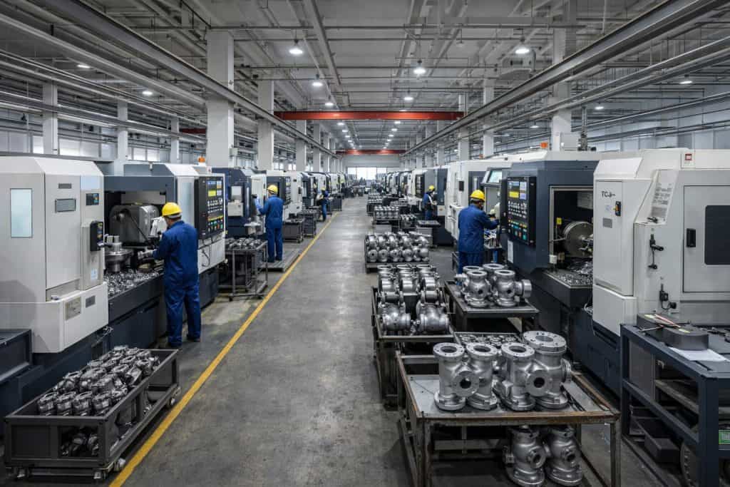 Industrial valve CNC machining workshop for oil and gas pipeline components with precision manufacturing technology