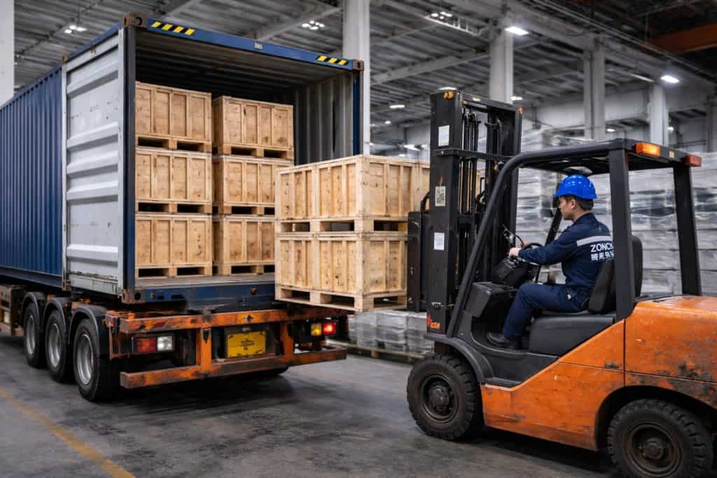 industrial valve container loading export globe valve shipment worker loading wooden crates factory delivery process