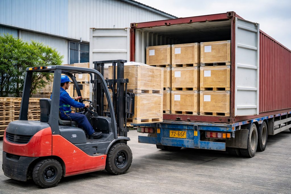 industrial valve shipment container loading with forklift and wooden crates export process