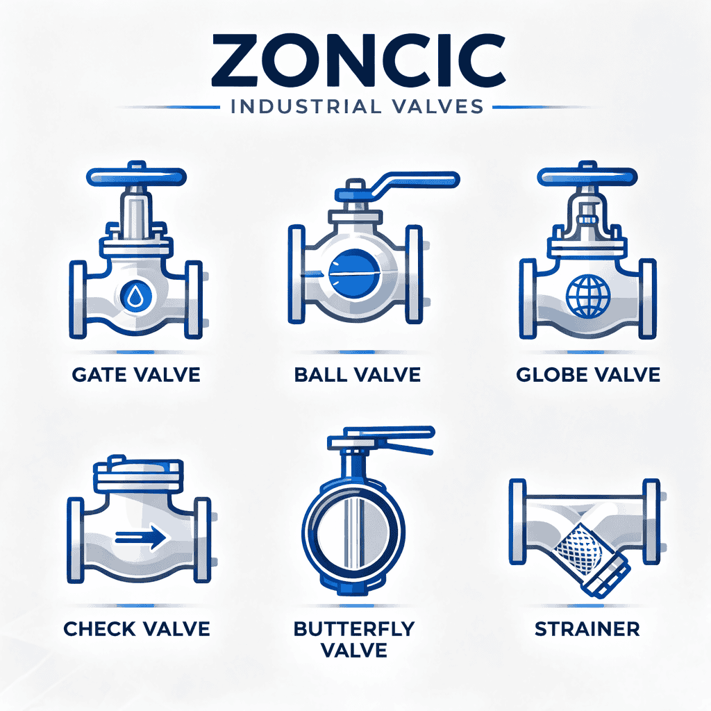 Industrial valve types including gate valve, ball valve, globe valve, check valve, butterfly valve and strainer