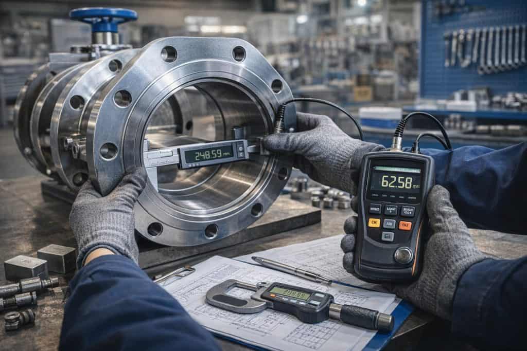 Butterfly Valve Butterfly valve quality inspection and testing using measuring tools in industrial factory