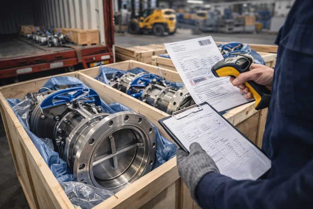 Butterfly Valve Butterfly valves packed in wooden crates for export shipping in industrial factory