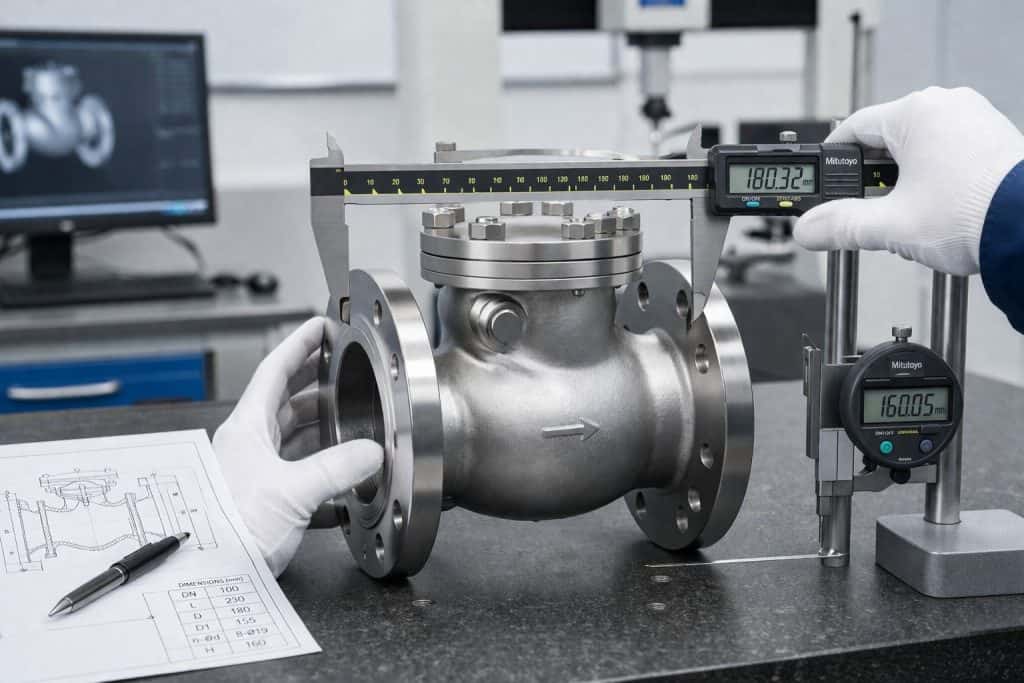 check valve dimension inspection using digital measuring tools in factory