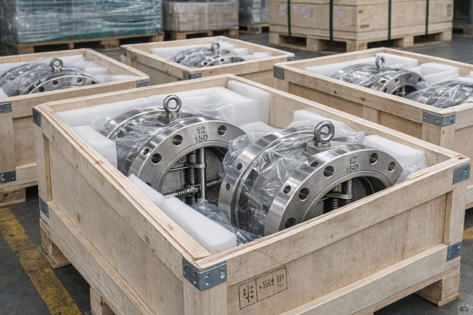 Dual plate check valve packing and delivery