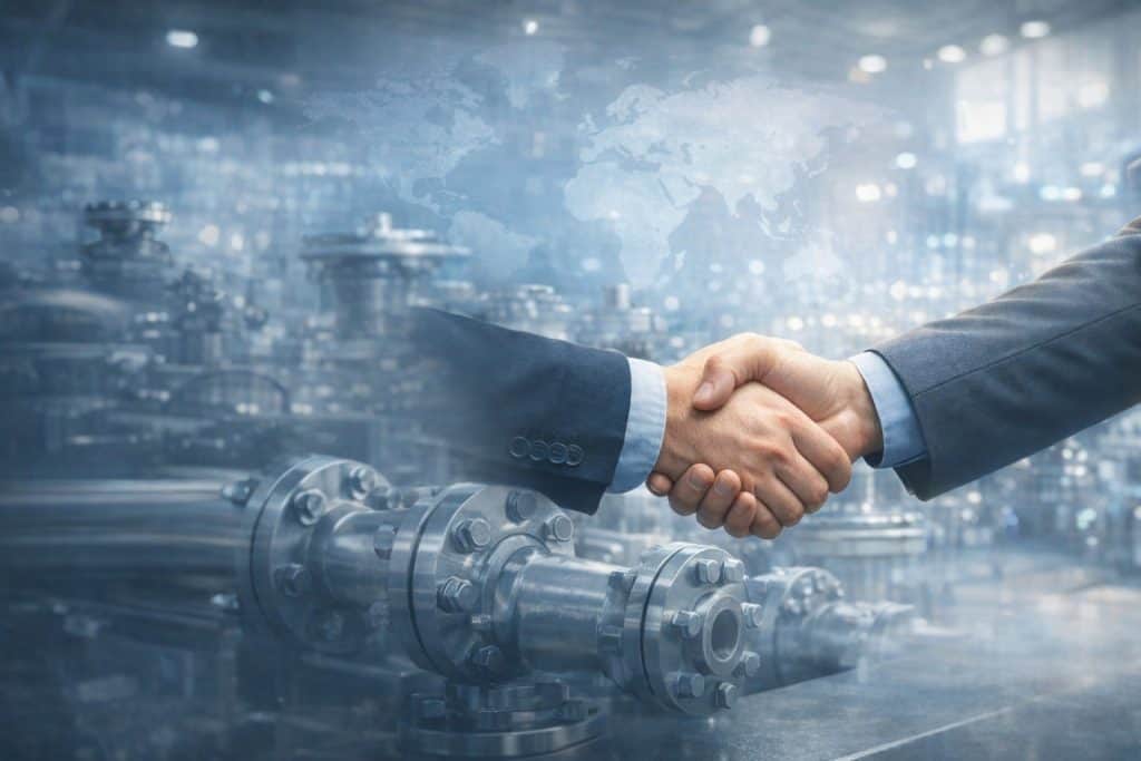 Contact Industrial valve manufacturer home banner with business handshake for global cooperation and OEM export service