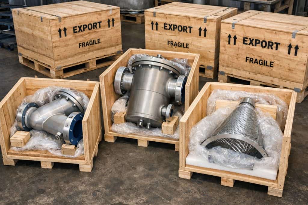 Industrial strainer wooden case packing for export shipment with anti-rust protection and marking