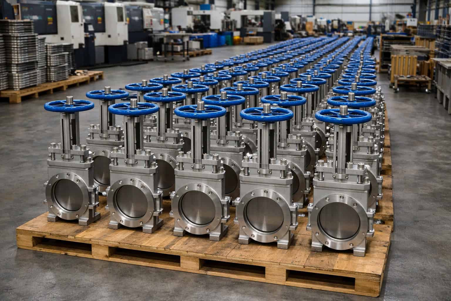 Knife gate valve workshop cnc production line slurry valve manufacturer