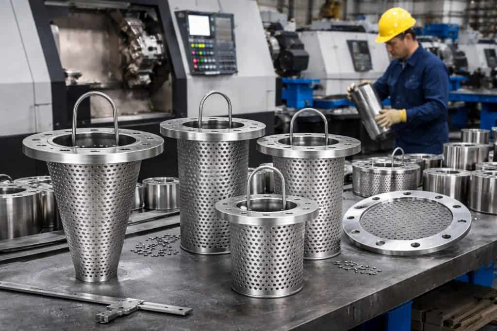 industrial valve factory temporary strainer production stainless steel cnc machining workshop filtration equipment manufacturing