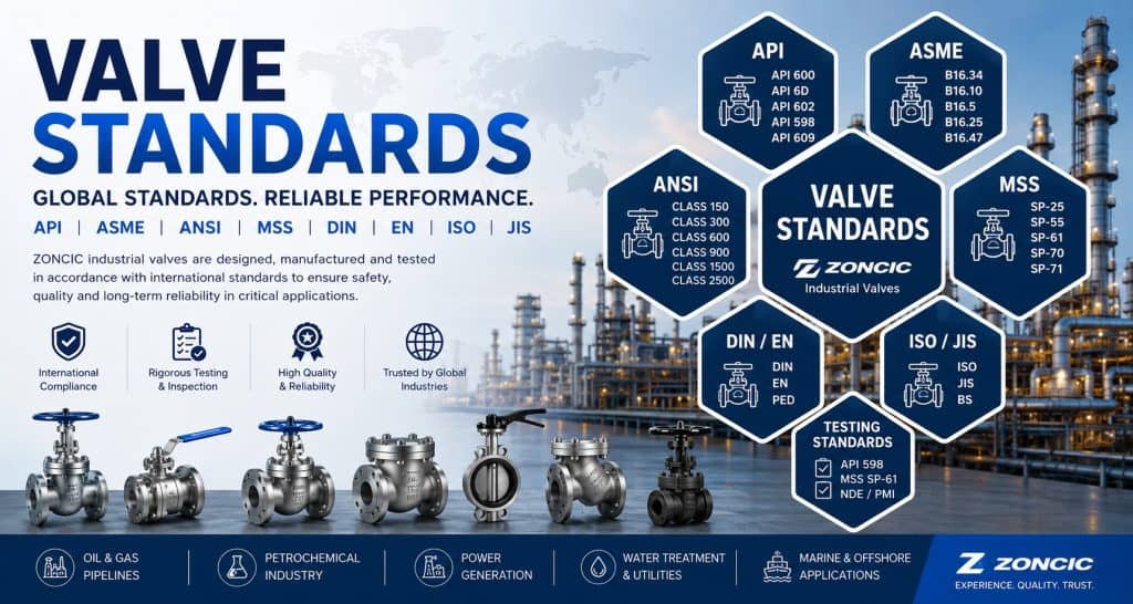 valve-standards Valve standards for industrial valves including API, ASME, ANSI, MSS, DIN, EN, ISO and JIS standards for gate valves, ball valves, globe valves, check valves, butterfly valves and forged valves by ZONCIC.