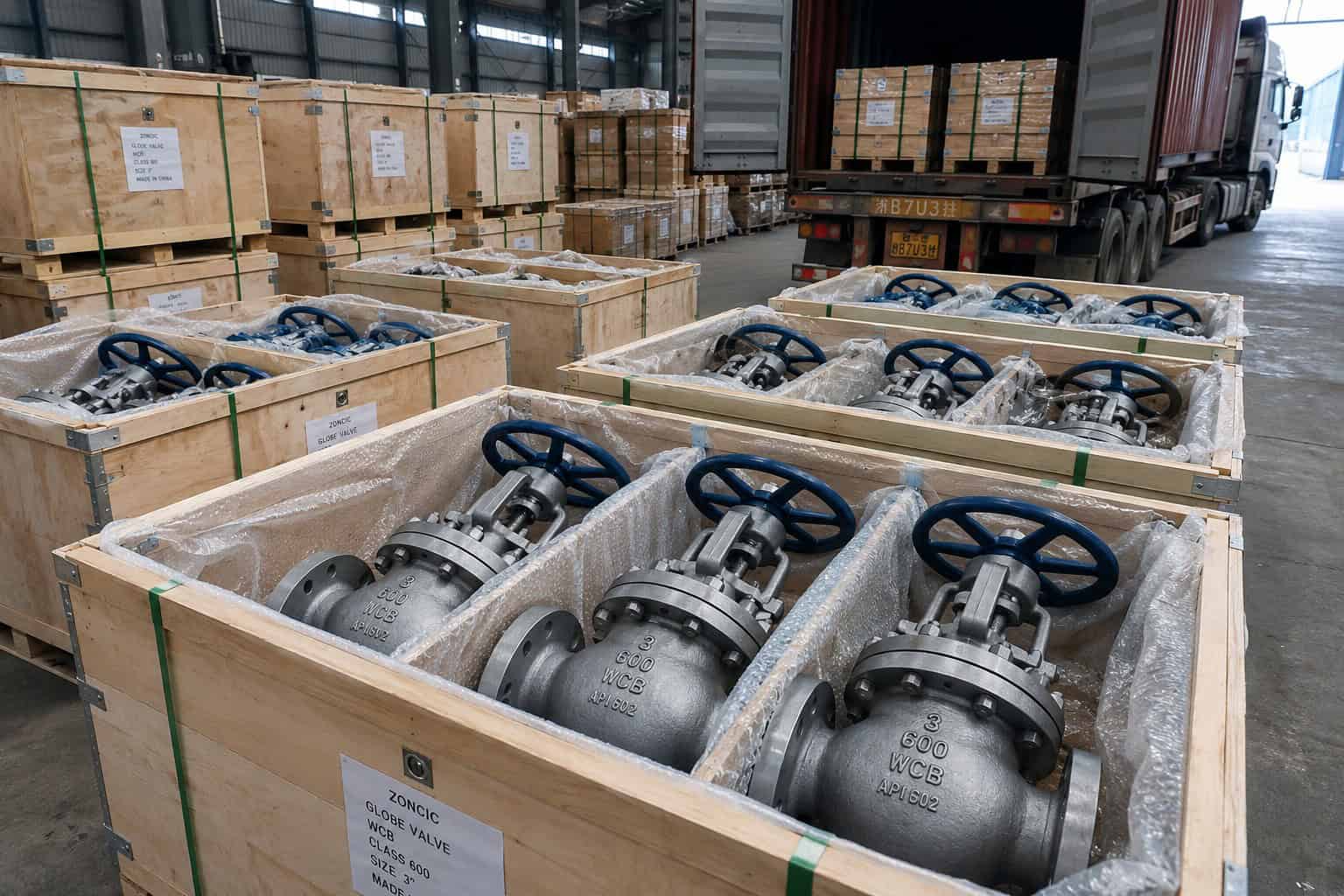 WCB globe valve export packing and delivery in wooden cases