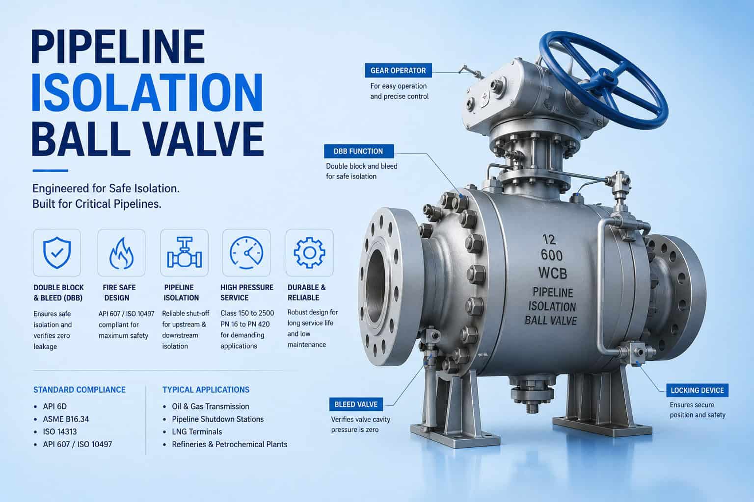 Pipeline isolation ball valve for shutdown and block service in oil and gas transmission pipelines