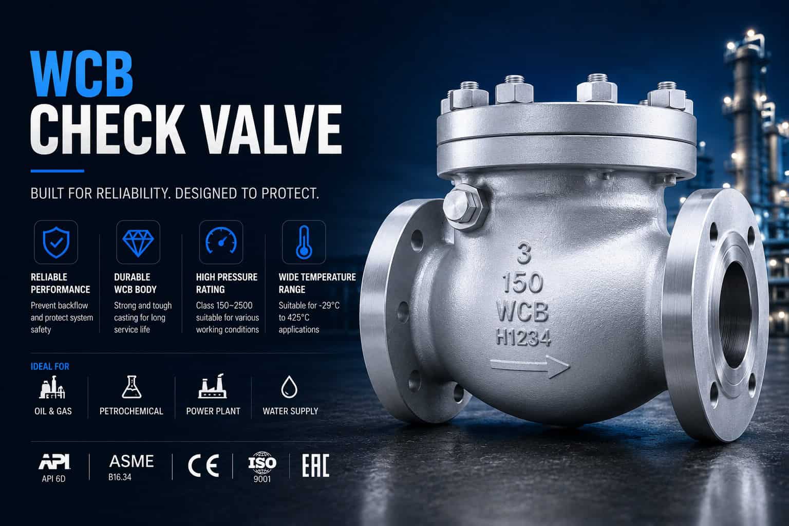 Check valve for backflow prevention pump outlet and compressor station pipeline service