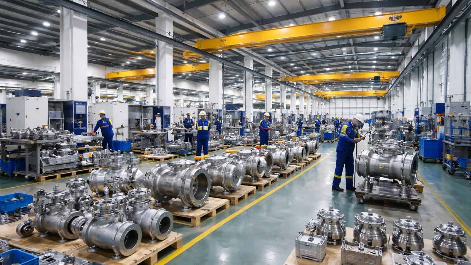 industrial valve manufacturing workshop with cnc machines workers assembling stainless steel valves in factory