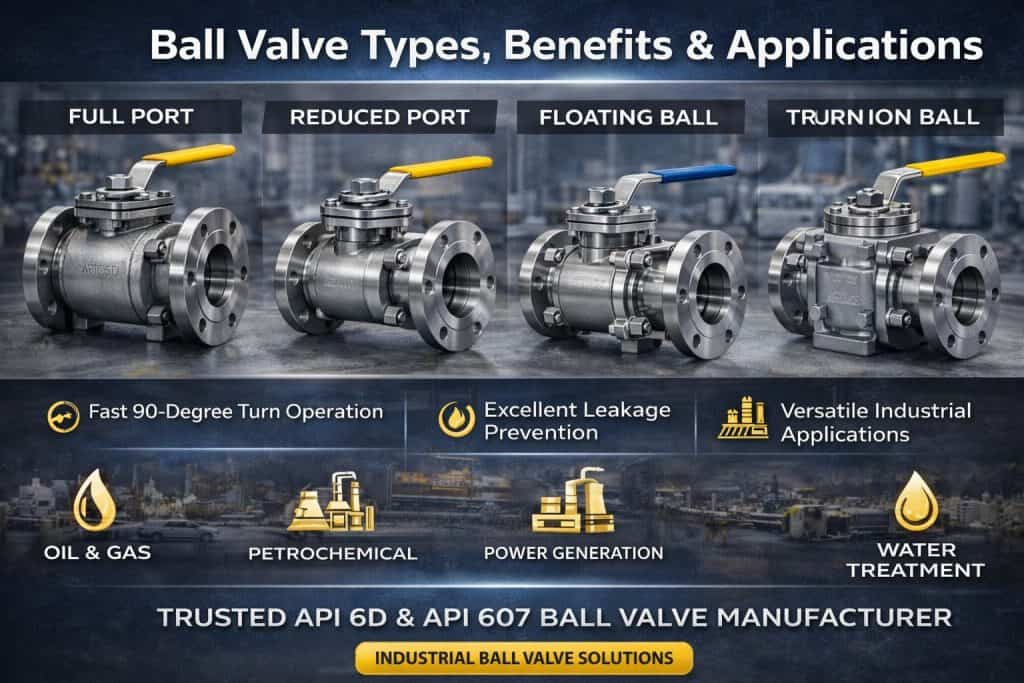 Ball valve types including full port, reduced port, floating and trunnion ball valves for industrial pipeline applications API 6D