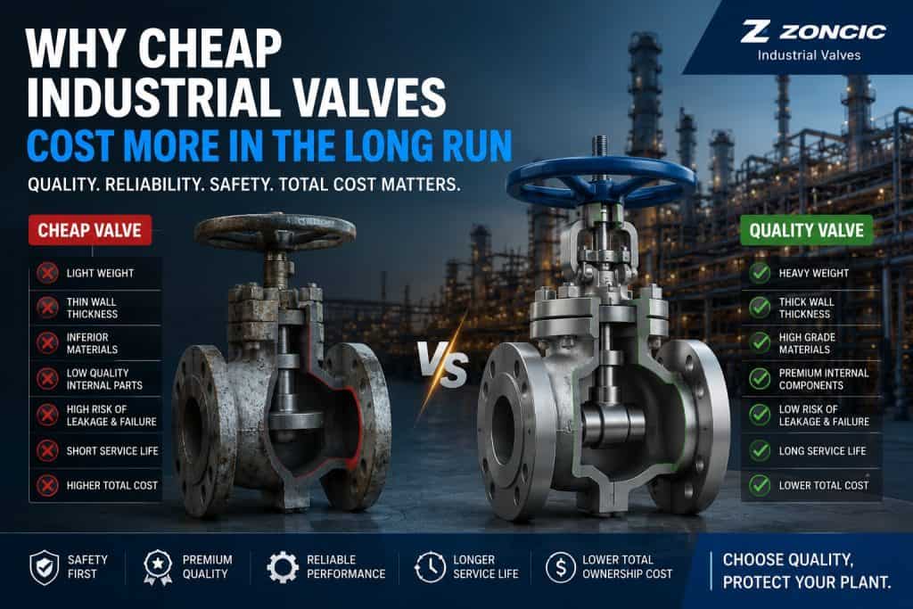 Cheap vs quality industrial valve comparison showing lightweight low-quality valve and premium heavy-duty industrial valve for oil and gas, petrochemical and industrial pipeline systems.