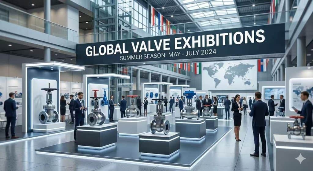 A wide photograph of a modern, professional international valve industry exhibition hall, featuring various valves on display, business people networking, flags, and a large sign that reads 'GLOBAL VALVE EXHIBITIONS - SUMMER SEASON: MAY - JULY 2024'.
