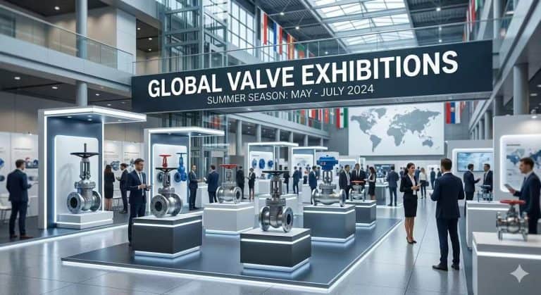 A wide photograph of a modern, professional international valve industry exhibition hall, featuring various valves on display, business people networking, flags, and a large sign that reads 'GLOBAL VALVE EXHIBITIONS - SUMMER SEASON: MAY - JULY 2024'.