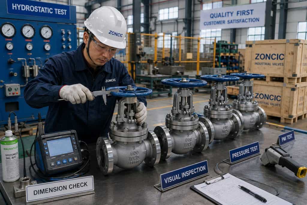 WCB globe valve quality assurance testing and dimensional inspection in industrial valve workshop